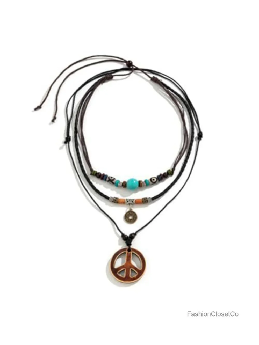 Boho Peace Sign Pendant Necklace with Coconut Wood Beads, Leather Cords -